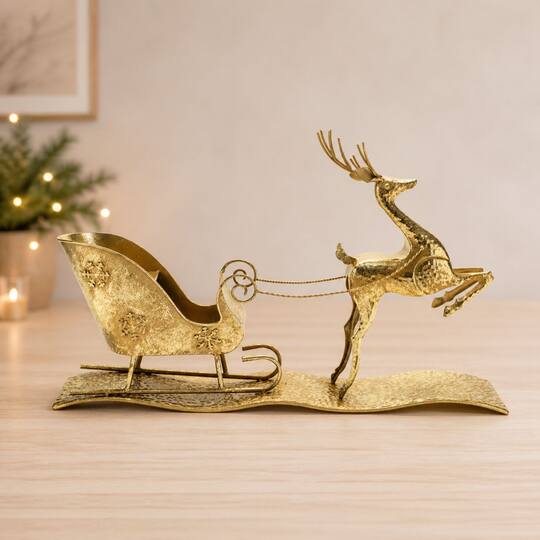 25.5" Hammered Metal Deer with Sleigh